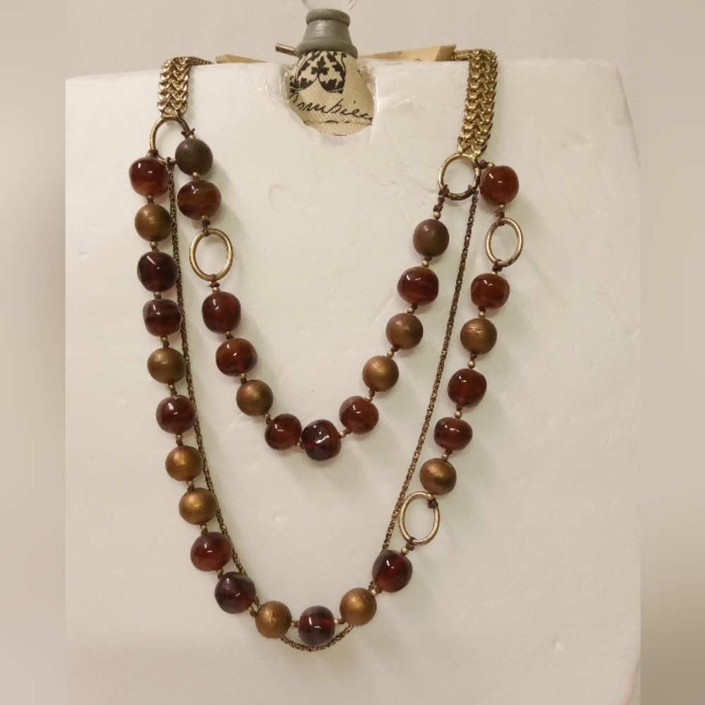 Vintage Kenneth Cole Ny Necklace AmberHoney Glass Beads Multi-Strain Gold-Tone 18$